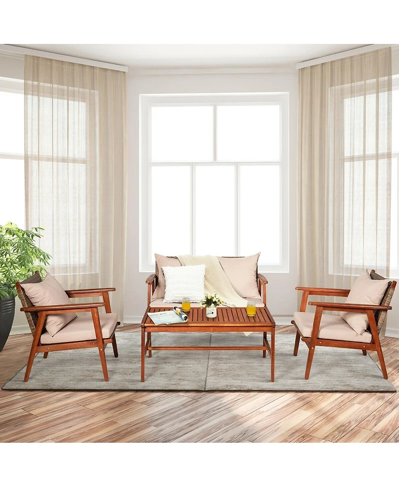 Sugift 4 Pieces Acacia Wood Patio Rattan Furniture Set with Cushions