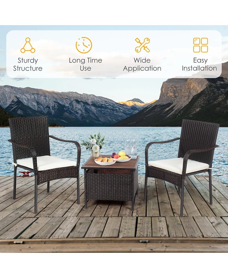 Inolait 3 Pieces Patio Rattan Furniture Bistro Set with Wood Side Table and Stackable Chair