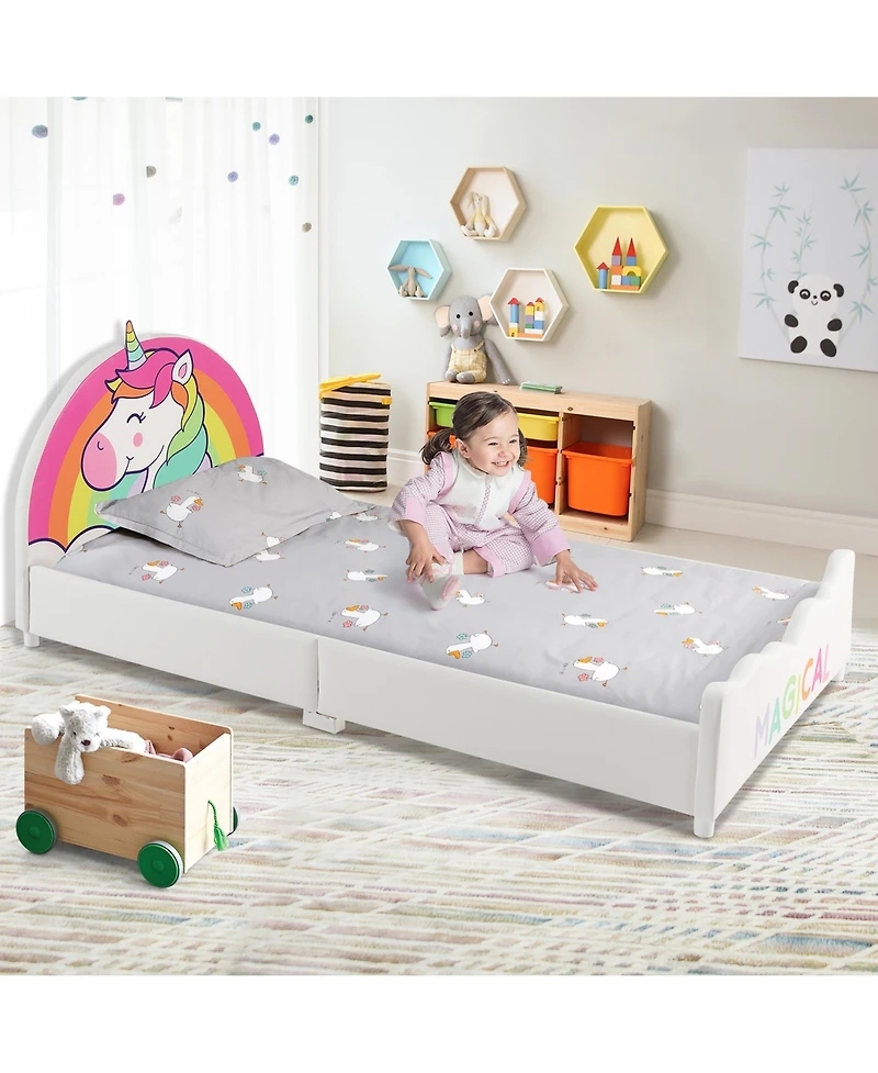 Kids Upholstered Platform Bed Children Twin Size Wooden Bed Unicorn Pattern