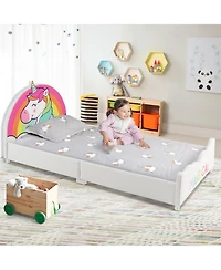 Kids Upholstered Platform Bed Children Twin Size Wooden Bed Unicorn Pattern