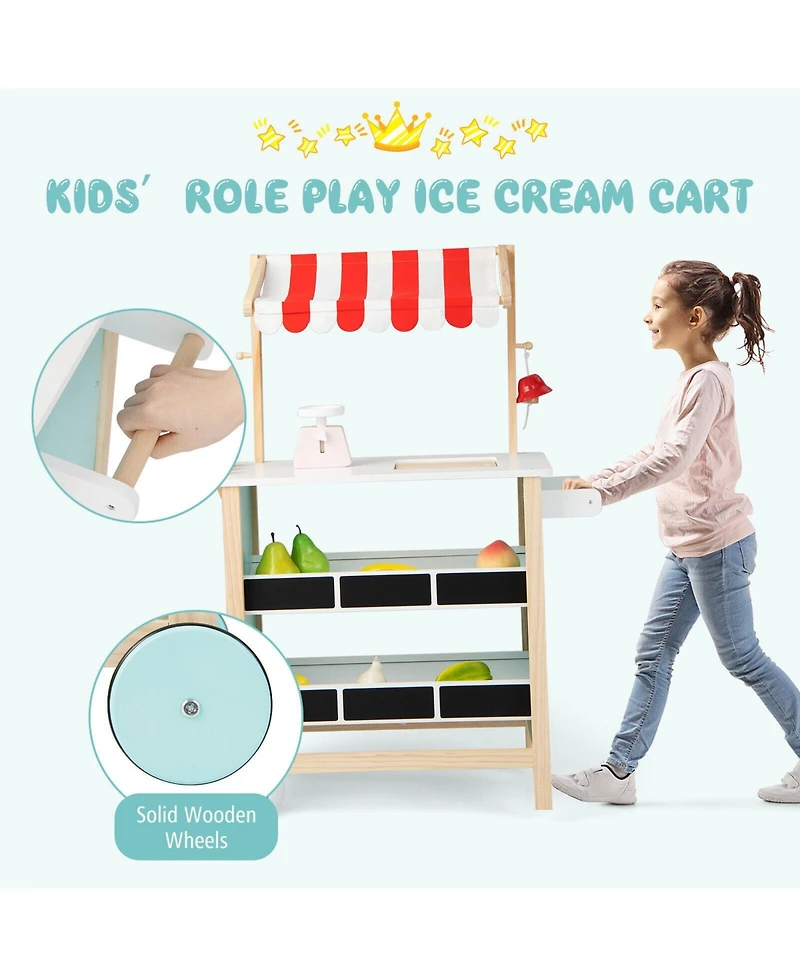 Sugift Kids Wooden Ice Cream Cart with Chalkboard and Storage