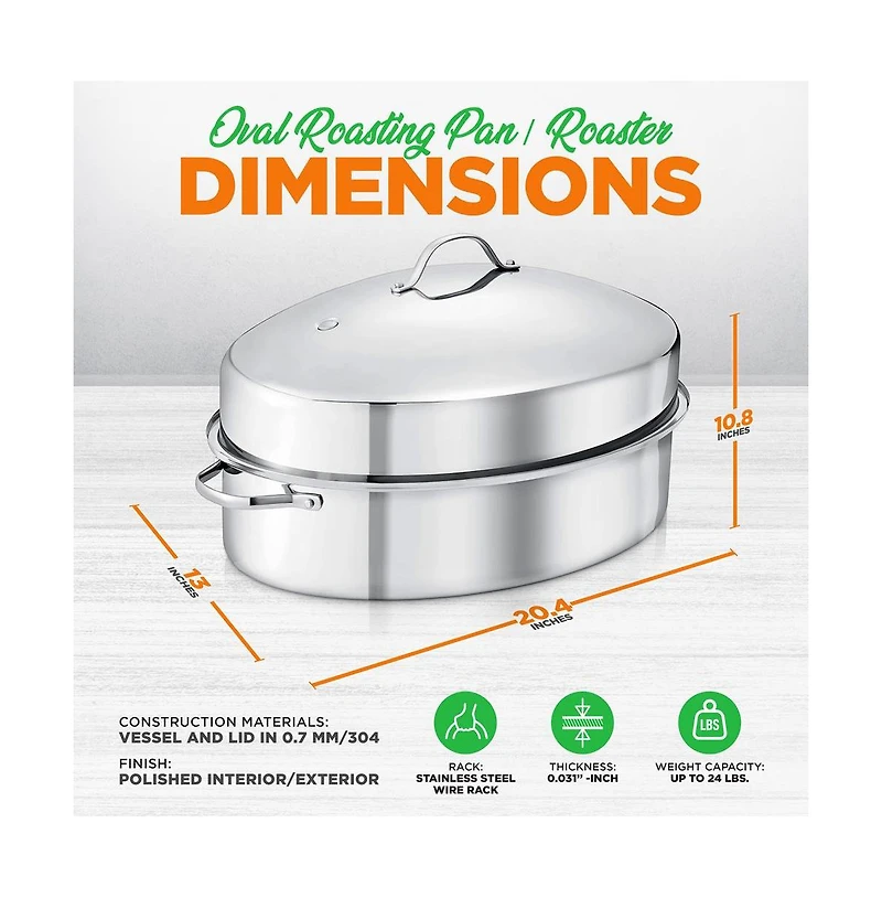 NutriChef Oval Roasting Pan / Roaster with Polished Rack and Stainless Steel Lid
