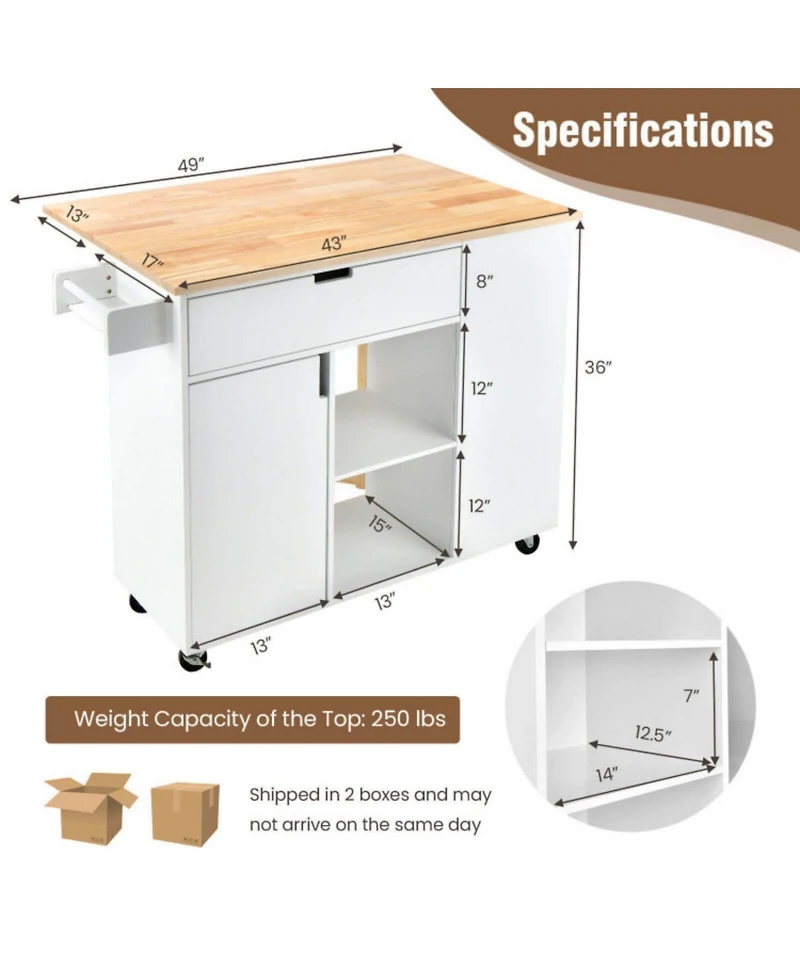 Sugift Drop-Leaf Kitchen Island Cart with Rubber Wood Top