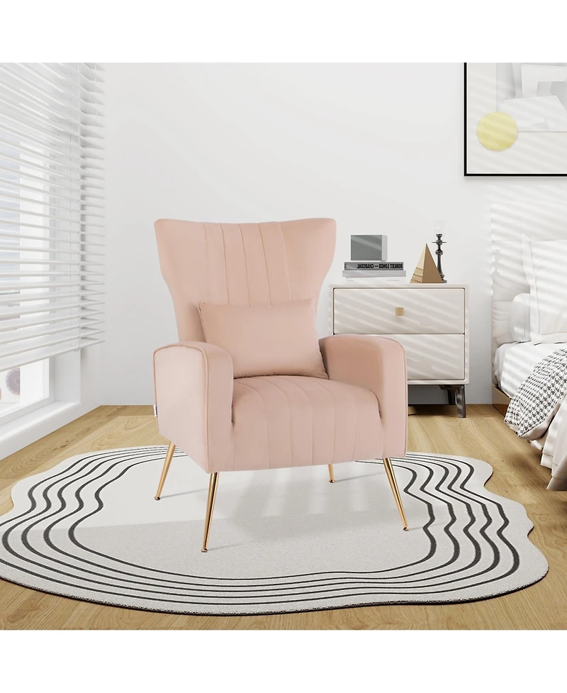 Velvet Upholstered Wingback Chair with Lumbar Pillow & Golden Metal Legs