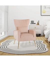 Velvet Upholstered Wingback Chair with Lumbar Pillow & Golden Metal Legs
