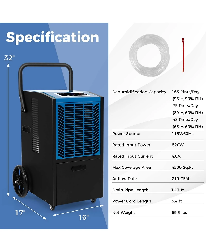 163 Pints Commercial Dehumidifier with Pump & Drain Hose Heavy Duty