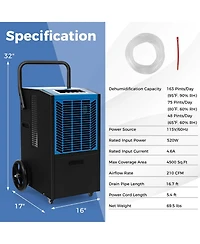 163 Pints Commercial Dehumidifier with Pump & Drain Hose Heavy Duty