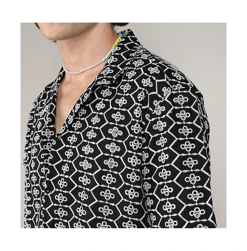Men's Obsidian Black Embroidered Geometric Shirt