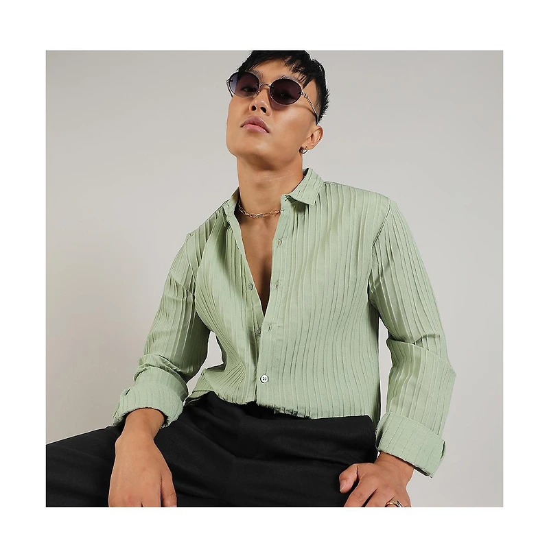 Men's Pistachio Green Self-Design Striped Shirt