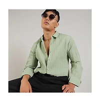 Men's Pistachio Green Self-Design Striped Shirt