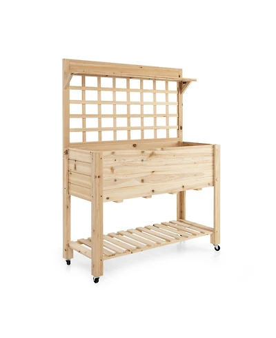 Wooden Raised Garden Bed with Wheels Trellis and Storage Shelf