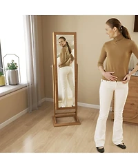 Freestanding Lockable Jewelry Armoire with Full-Length Mirror and 6 Led Lights-Natural
