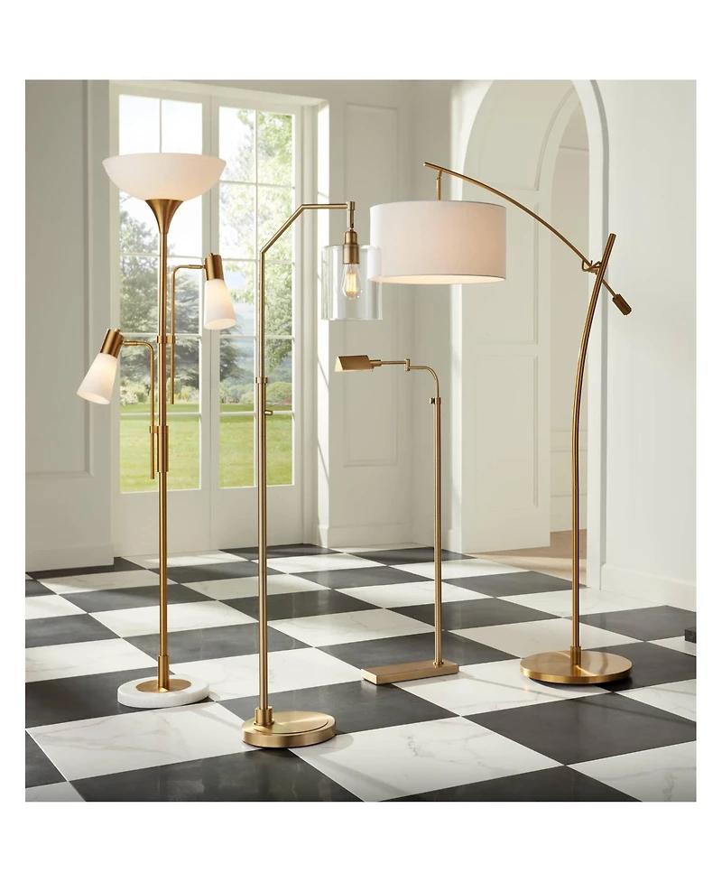 Possini Euro Design Raymond Modern Arc Floor Lamp 69" Tall Warm Gold Adjustable Boom Arm White Linen Drum Shade for Living Room Reading Office Ho