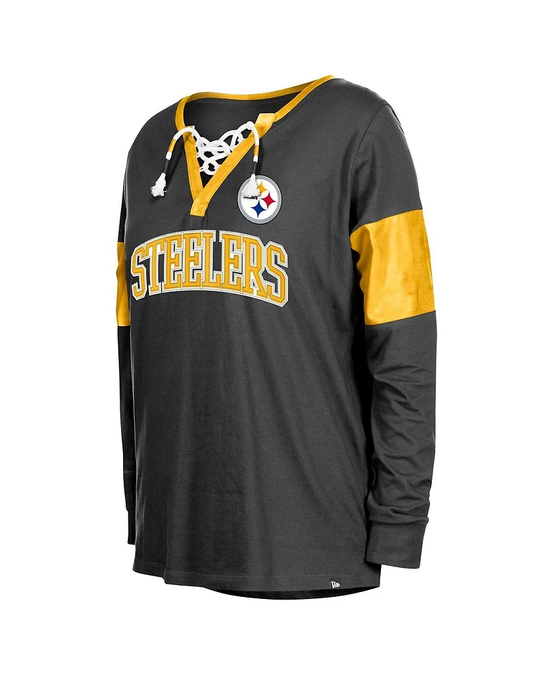 New Era Women's Black Pittsburgh Steelers Lace-Up Notch-Neck Long Sleeve T-Shirt