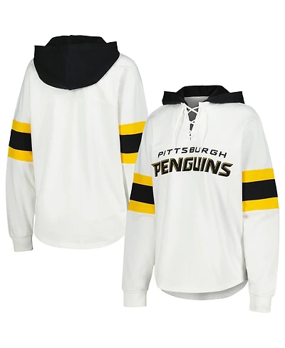 G-iii 4Her by Carl Banks Women's White/Black Pittsburgh Penguins Goal Zone Long Sleeve Lace-Up Hoodie T-Shirt