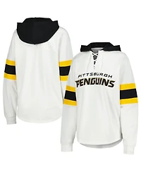 G-iii 4Her by Carl Banks Women's White/Black Pittsburgh Penguins Goal Zone Long Sleeve Lace-Up Hoodie T-Shirt