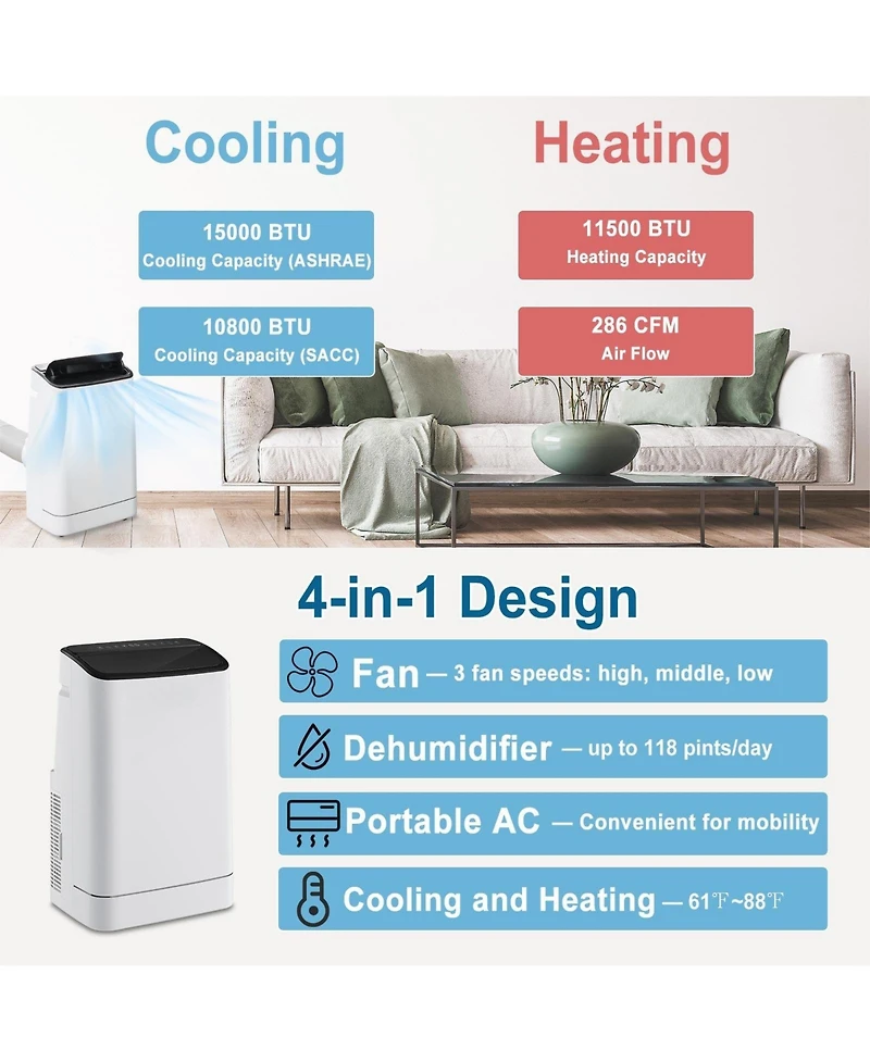 15000 Btu Portable Air Conditioner with App Control and Heat