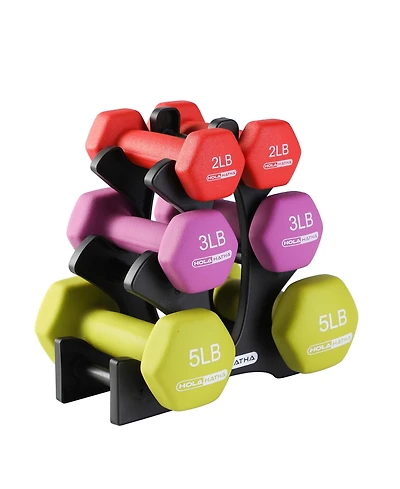 HolaHatha 2, 3, and 5 Pound Neoprene Dumbbell Free Hand Weight Set with Rack