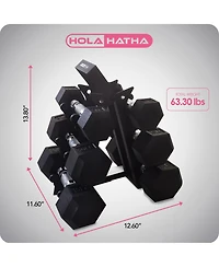 HolaHatha Hexagonal Dumbbell Free Hand Weight Set w/Rack, 5, 10, & 15 Lbs, Black