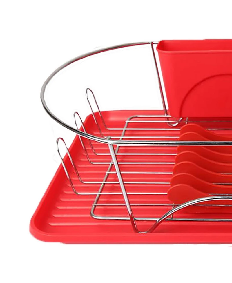 MegaChef 17 Inch Red and Silver Dish Rack with Detachable Utensil holder and a 6 Attachable Plate Positioner