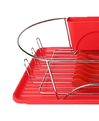 MegaChef 17 Inch Red and Silver Dish Rack with Detachable Utensil holder and a 6 Attachable Plate Positioner