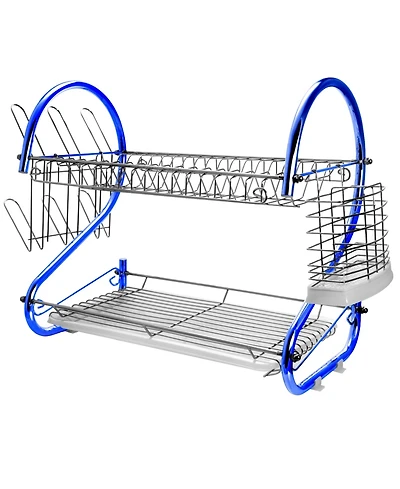 MegaChef 16 Inch Two Shelf Iron Wire Dish Rack in Blue