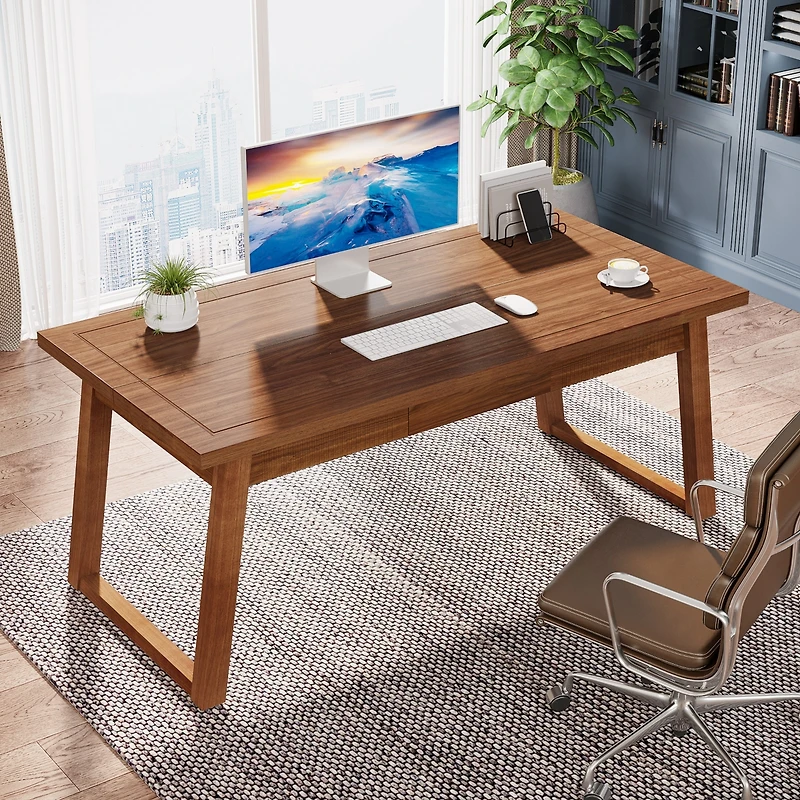 Tribesigns Home Office Executive Desk: 55 Inches Solid Wood Computer Desk with Drawer, Rustic Pc Laptop Desk Workstation Furniture, Walnut Brown