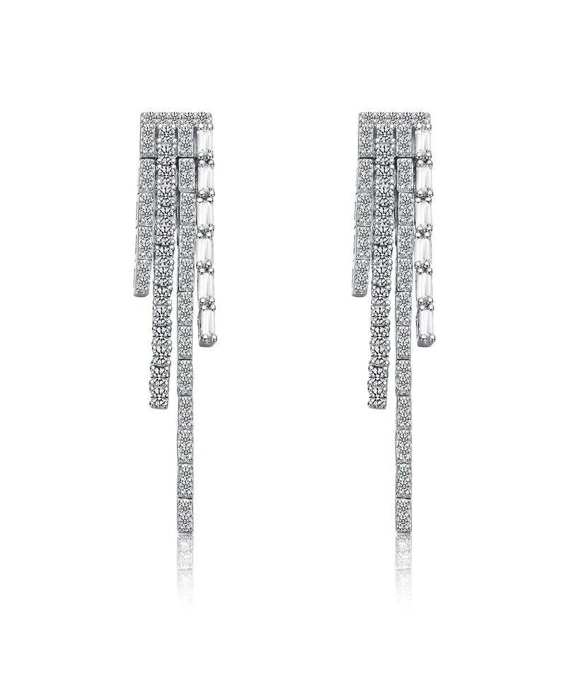 Sterling Silver White Gold Plated with White Cubic Zirconia Graduated Fringe Dangle Earrings