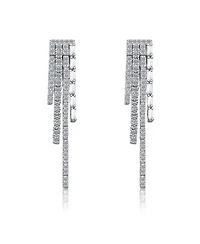 Sterling Silver White Gold Plated with White Cubic Zirconia Graduated Fringe Dangle Earrings
