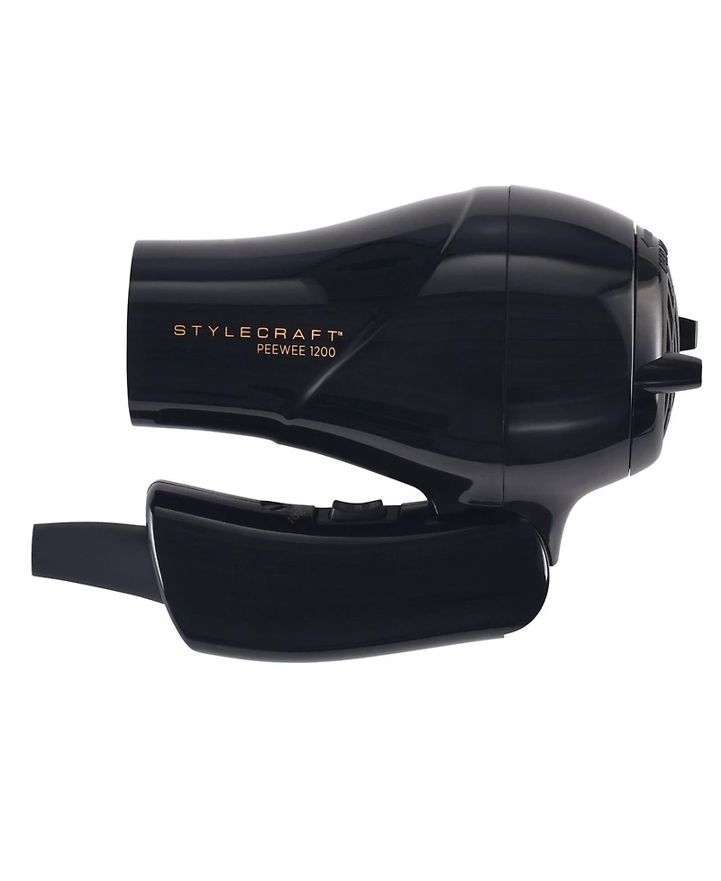 StyleCraft Professional Peewee 1200 Folding Handle Dual Voltage Compact Travel Hair Dryer with Nozzle, Diffuser, and Travel Bag