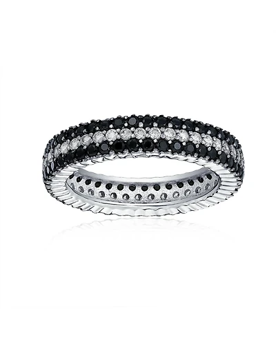 Bling Jewelry Pave Cubic Zirconia Two Tone 3 Row Stripe Cz Statement Black & White Eternity Band Ring .925 Sterling Silver