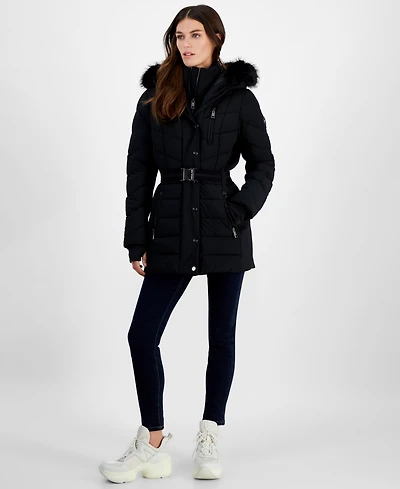 Michael Michael Kors Women's Belted Bibbed Hooded Puffer Coat