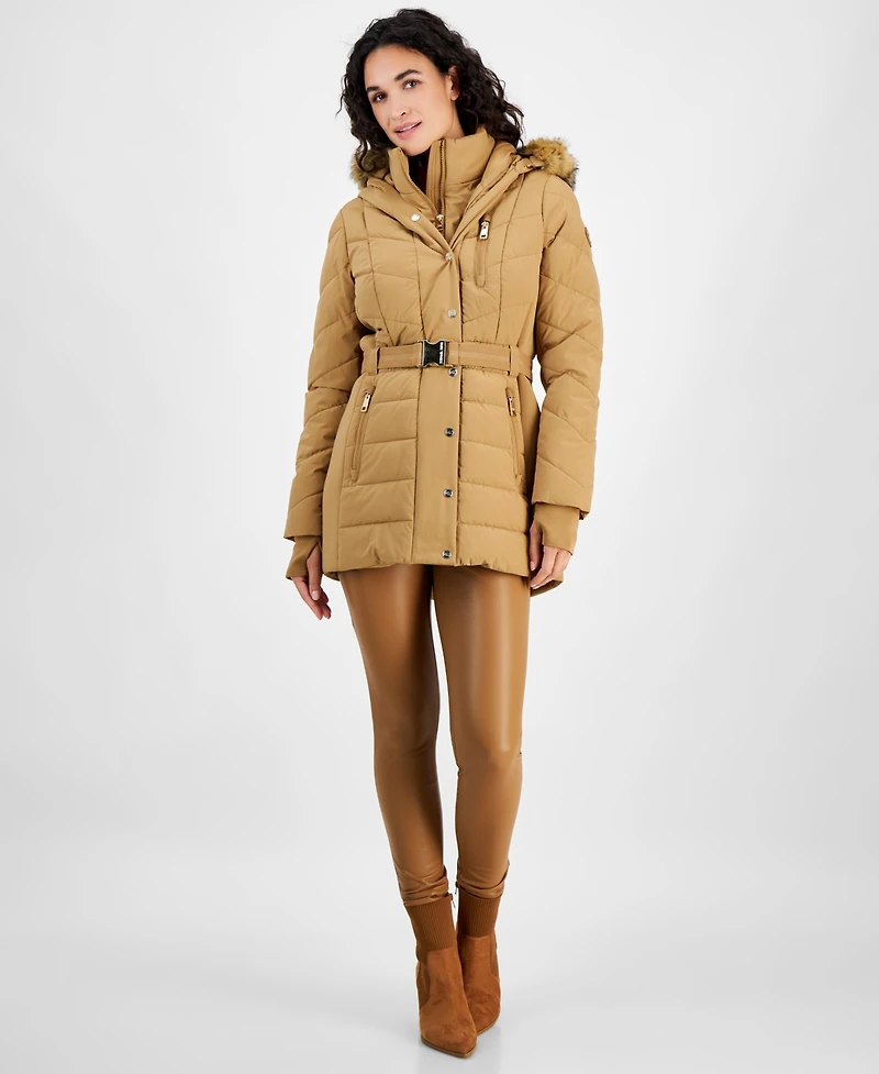 Michael Michael Kors Women's Belted Bibbed Hooded Puffer Coat