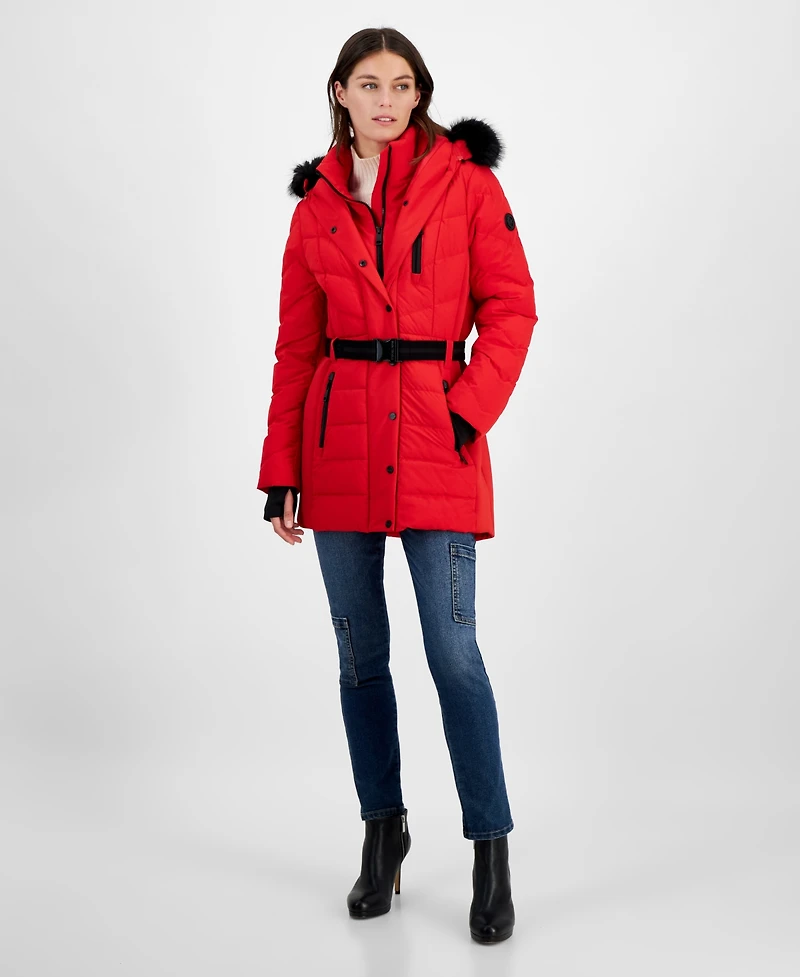 Michael Michael Kors Women's Belted Bibbed Hooded Puffer Coat