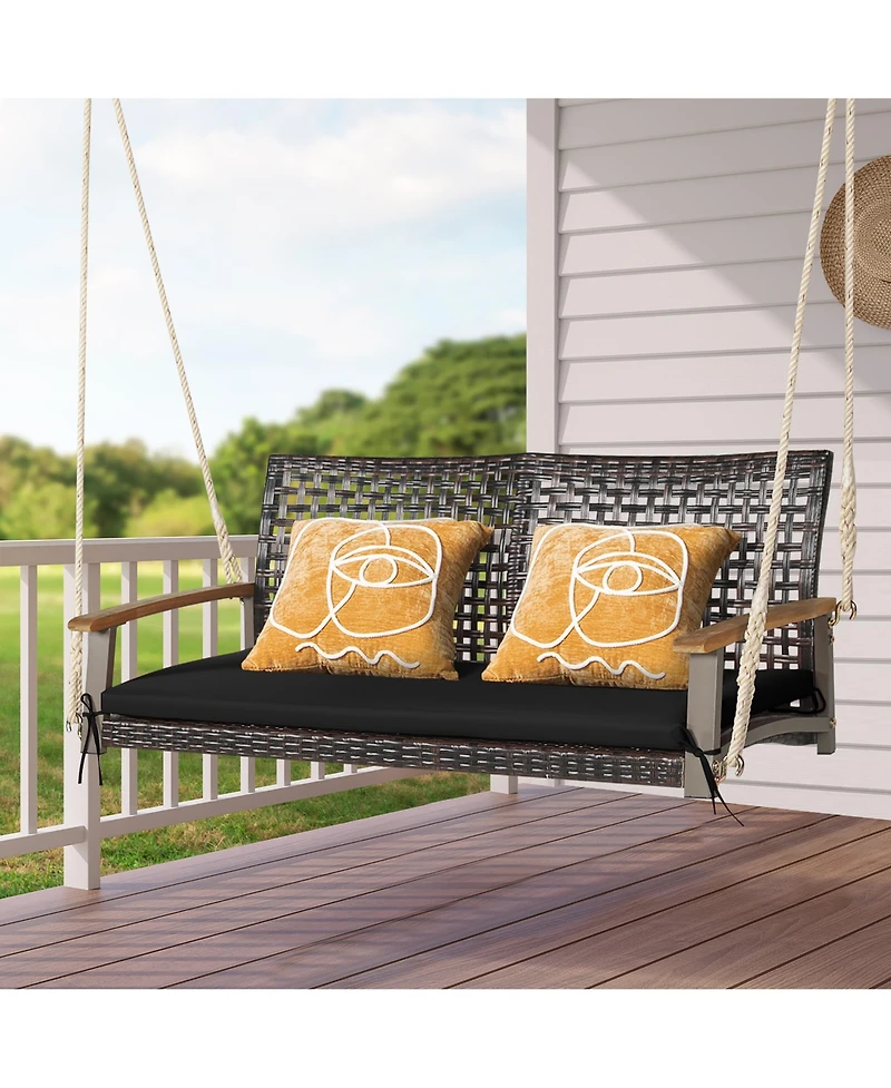 2-Person Patio Rattan Hanging Swing Chair Porch Loveseat Cushion Off White
