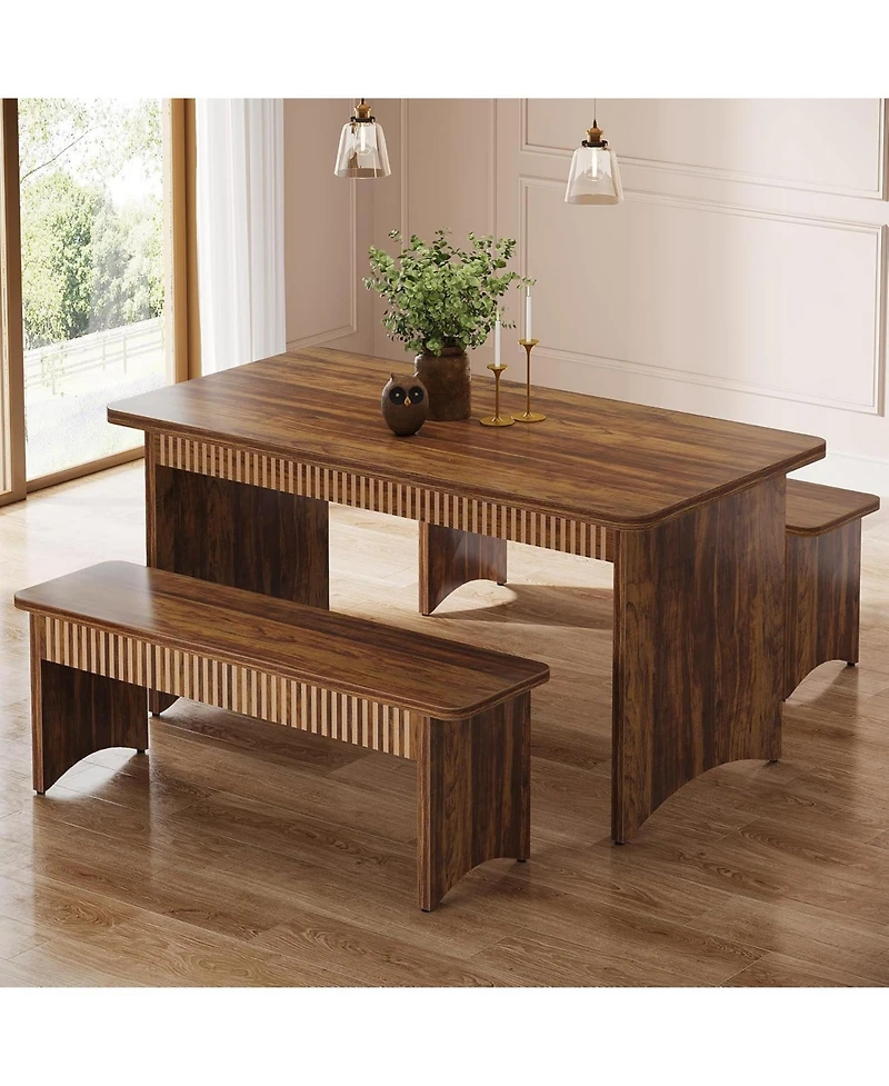 Tribesigns 3-Piece Dining Table Set, 55" Dining Room Table with 2 Benches for 4-6 People, Farmhouse Rectangular Dining Room Table Set
