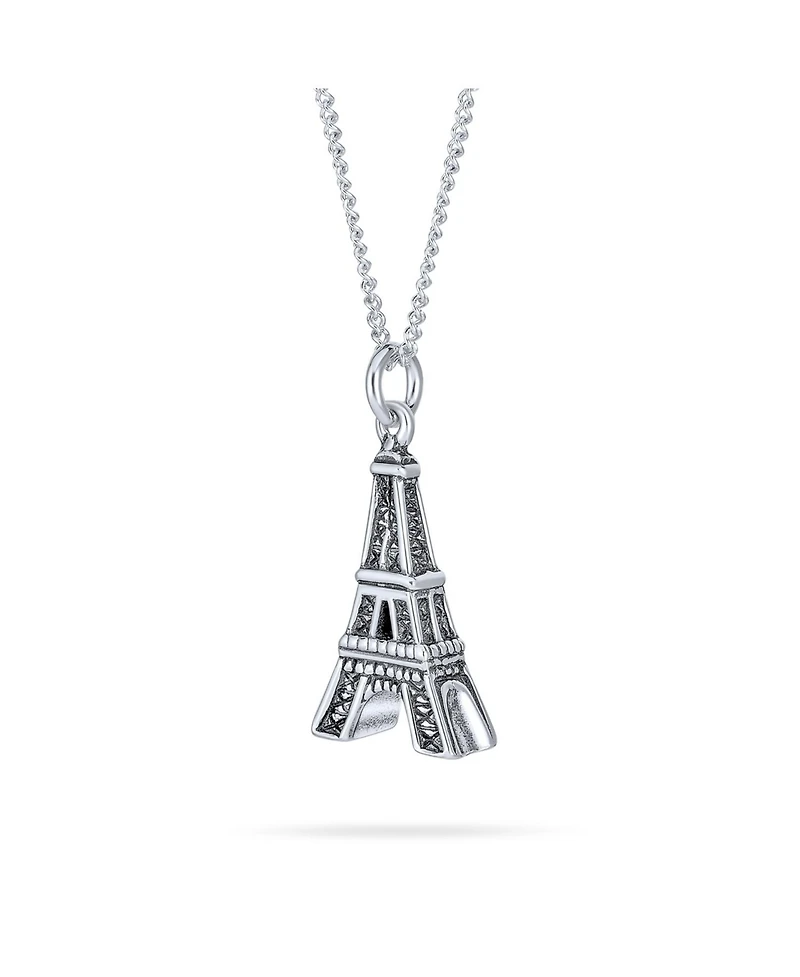 Bling Jewelry French Vacation Cz Accent Dangling Paris France Eiffel Tower Pendant Necklace Oxidized .925 Sterling Silver