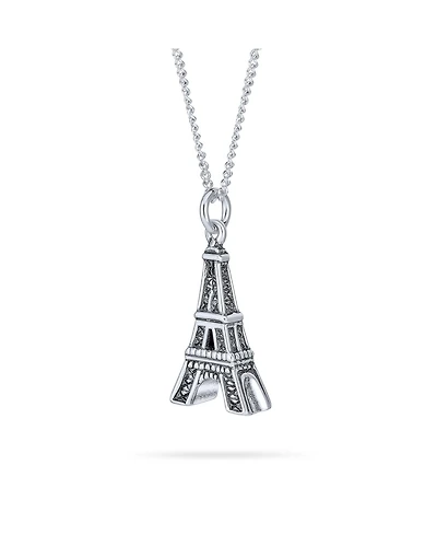 Bling Jewelry French Vacation Cz Accent Dangling Paris France Eiffel Tower Pendant Necklace Oxidized .925 Sterling Silver