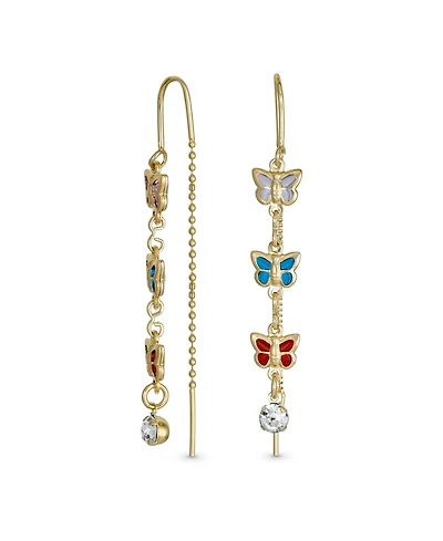 Bling Jewelry Delicate Three Colorful Pastel Crystal Pink Green Multi Color Dangle Long Chain Butterfly Threader Earrings For Women Stabilizing U Wire