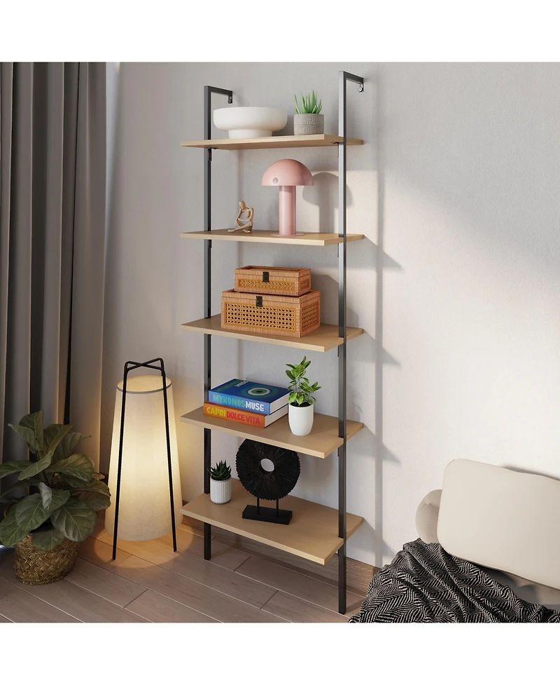 Madera Industrial 5-Shelf Wood Wall-Mounted Open Ladder Bookcase, Metal Frame