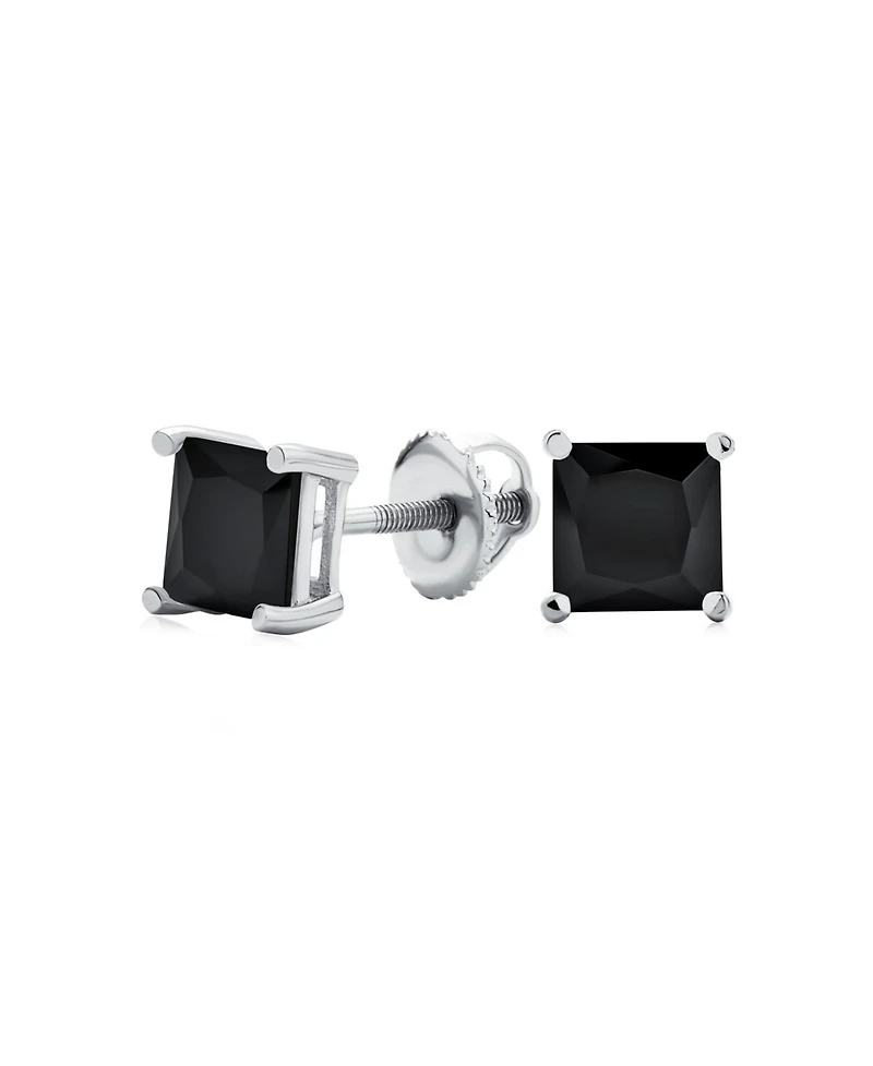 Bling Jewelry Black Square Cubic Zirconia Princess Cut Cz Stud Earrings Screw back .925 Sterling Silver