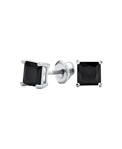 Bling Jewelry Black Square Cubic Zirconia Princess Cut Cz Stud Earrings Screw back .925 Sterling Silver
