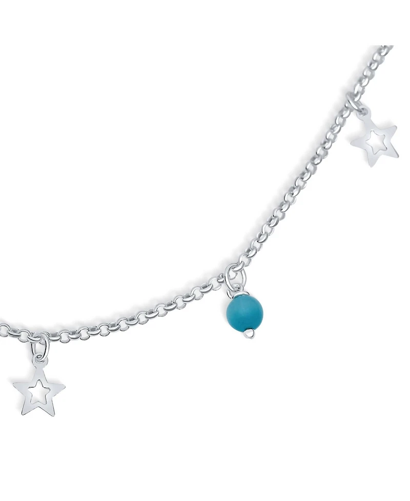 Bling Jewelry Dangle Aqua Blue Vacation Cats Eye Bead Anklet Open Star Multi Charm Ankle Bracelet .925 Sterling Silver Adjustable