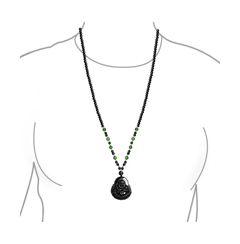 Bling Jewelry Yogi Amulet Mala Green Black Bead Carved Long Large Boho Fashion Statement Thai Spiritual Buddha Pendant Necklace