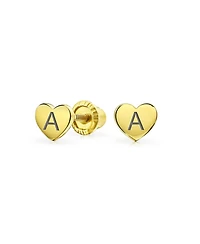 Bling Jewelry Minimalist Alphabet Initial Letter A-z Real Yellow 14K Gold Screw back Mini Solid Heart Shaped Stud Earrings