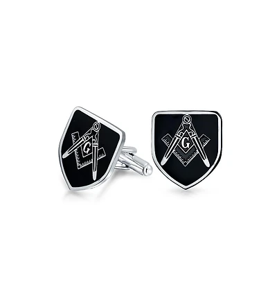 Bling Jewelry Shield Freemasons Compass Symbol Masonic Cufflinks Black Enamel Two Tone Stainless Steel Hinge Bullet Back