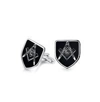 Bling Jewelry Shield Freemasons Compass Symbol Masonic Cufflinks Black Enamel Two Tone Stainless Steel Hinge Bullet Back