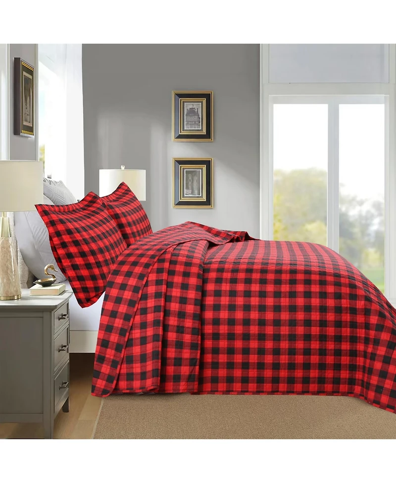 MarCielo 3 Pcs Christmas Red Buffalo Plaid Check Quilt Bedspread Set Queen