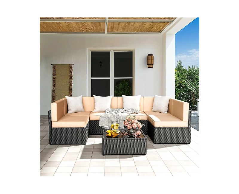 Gray 7-Piece Wicker Outdoor Sectional Set with Coffee Table and Cushions
