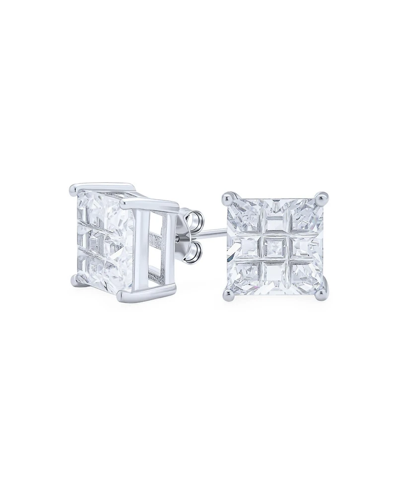 Bling Jewelry Invisible Cut Square Cz Checkboard Cubic Zirconia Prong Basket Set Stud Earrings .925 Sterling Silver